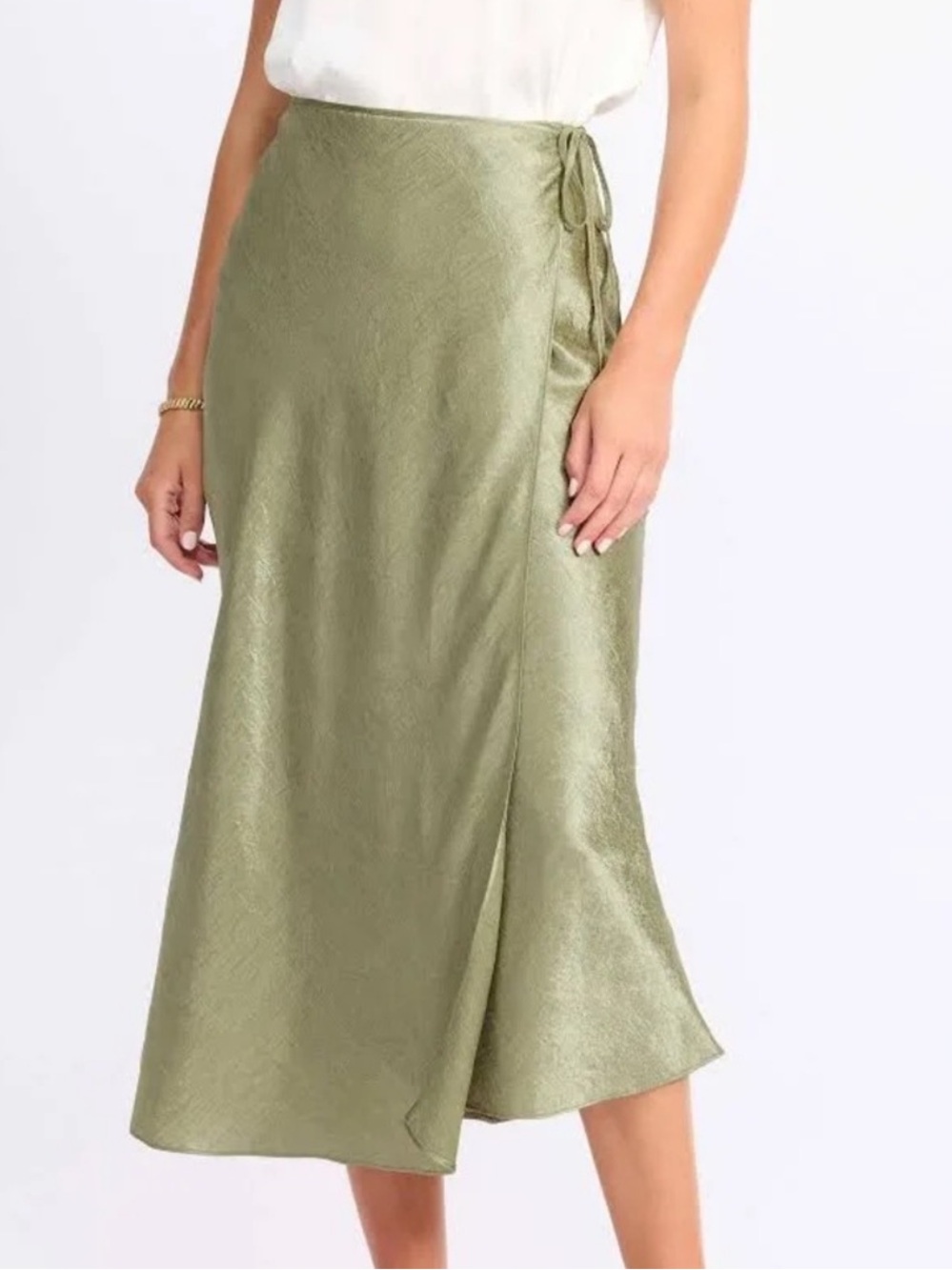 Skies Are Blue Shay Wrap Maxi Skirt Olive Green Satin NWT Sz S/XL Side Tie